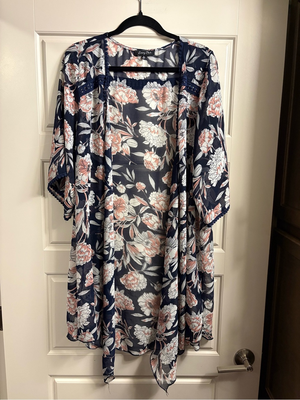 emory park Navy Floral Open-Front Kimono with Blush Accents